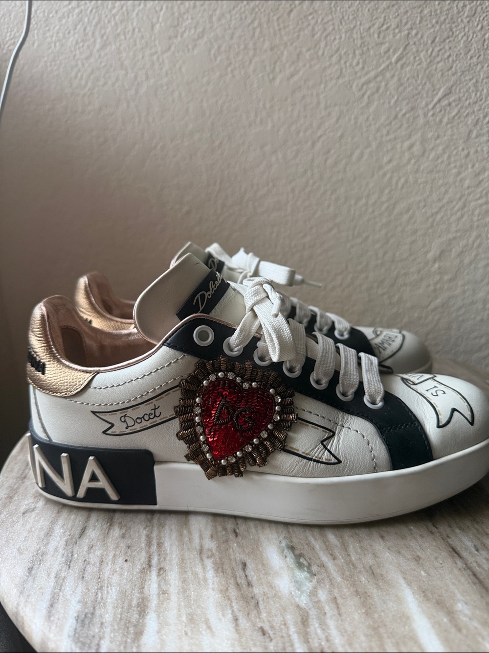 Dolce & Gabbana White Leather Sneakers with Black Stripe & Red Beaded Heart